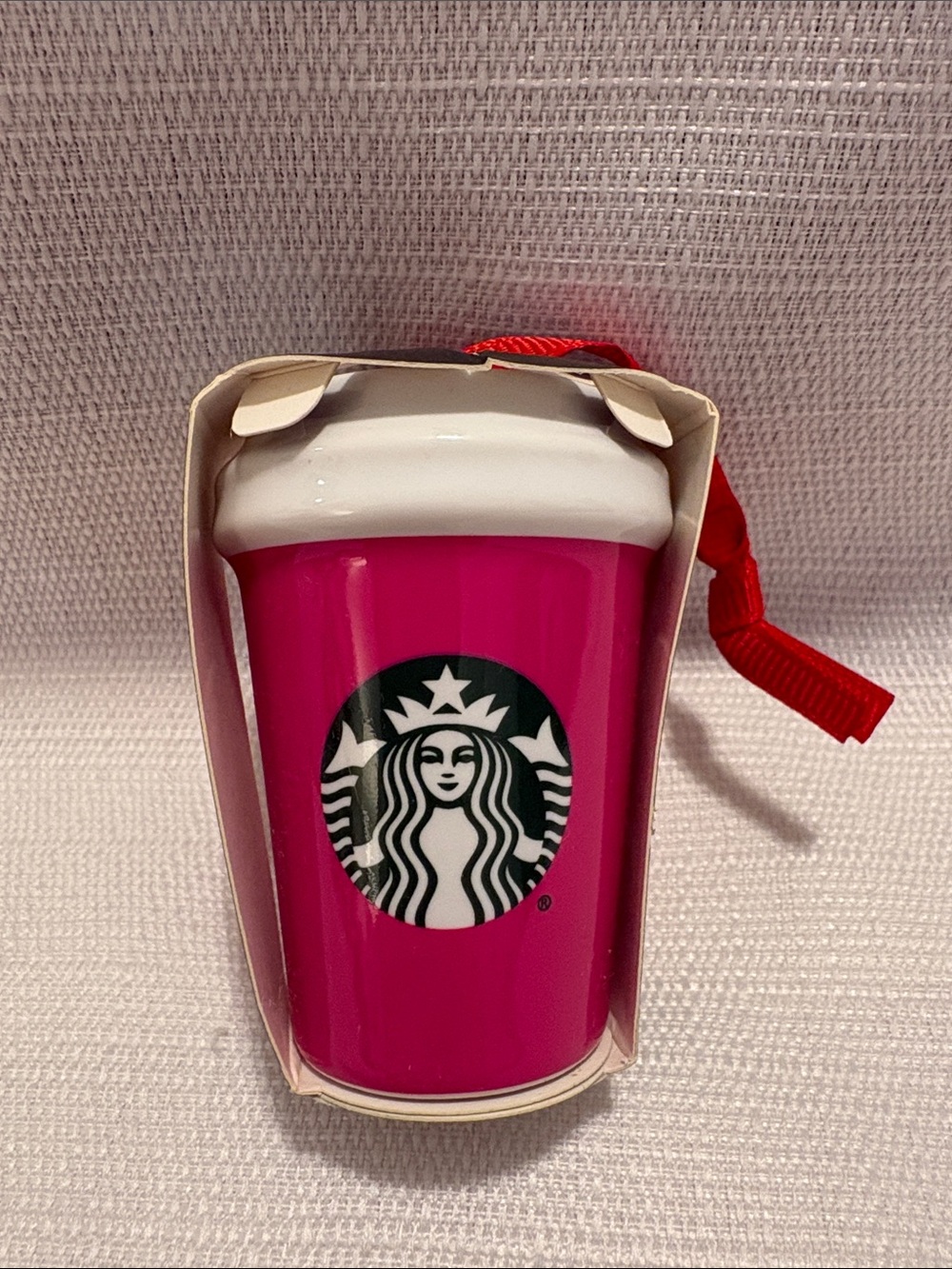 Starbucks Pink and White Holiday Cup Ornament with Red Ribbon
